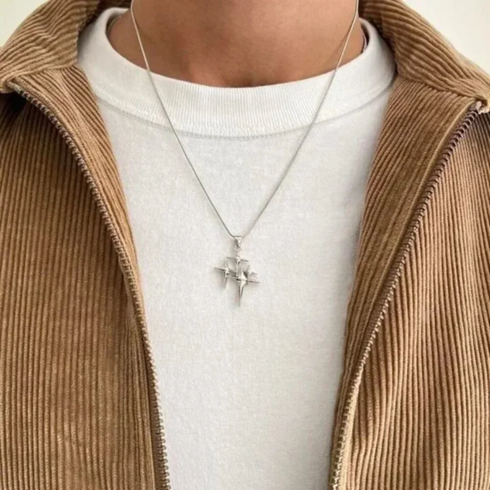 y2k style silver chrome star stacked pendant necklace